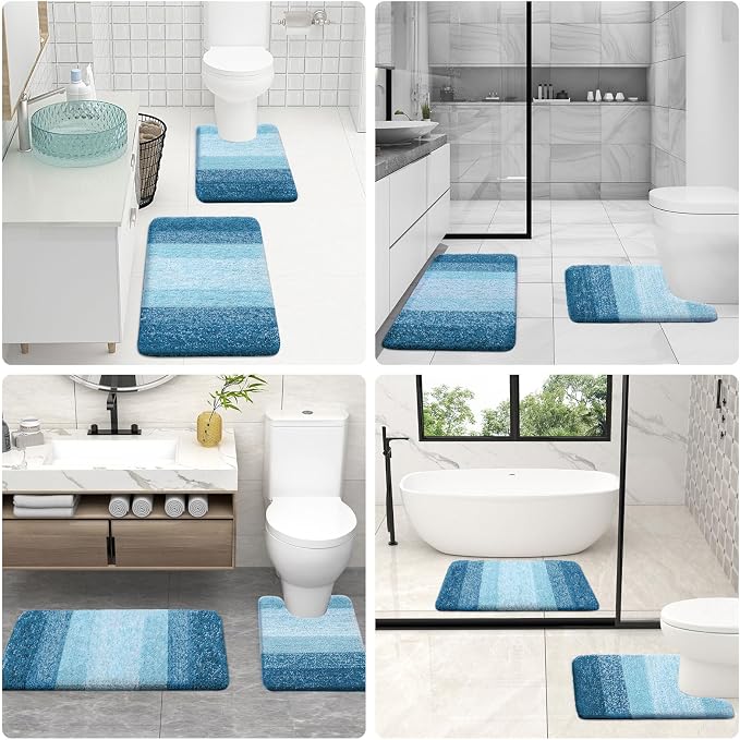OLANLY Microfiber Bathroom Rugs Sets 3 Piece, 36"x24"+24"x16"+24"x20" | Peacock Blue, Soft Absorbent Bath Mats and U-Shaped Contour Toilet Rug, Plush Shaggy Bath Mat Set for Bathroom