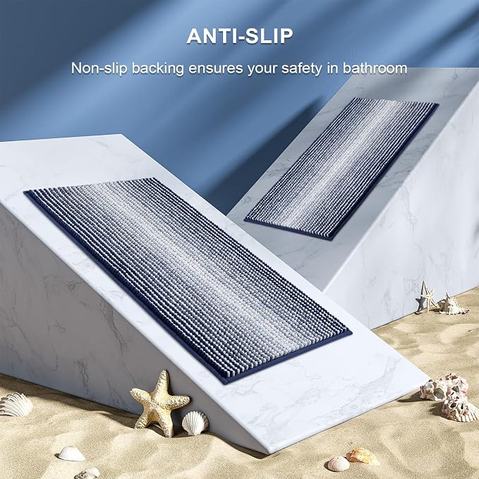 BSICPRO Bathroom Rugs Sets 2 Piece, Non Slip Striped Bath Mats,Navy | 24"x70" Plus 20"x32", Soft Absorbent Chenille, Quick Dry Machine Washable, Shower Rug for Bathroom Floor, Tub, Bedroom Decor