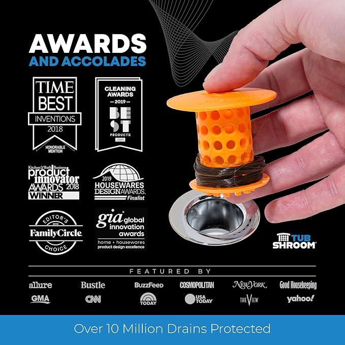 TubShroom Bathtub Drain Hair Catcher – In-Drain Tub Strainer & Clog Prevention Protector, Fits Standard 1.4”–1.75” Tub Drains, Easy Clean, Captures Human & Pet Hair out of Sight (Orange)