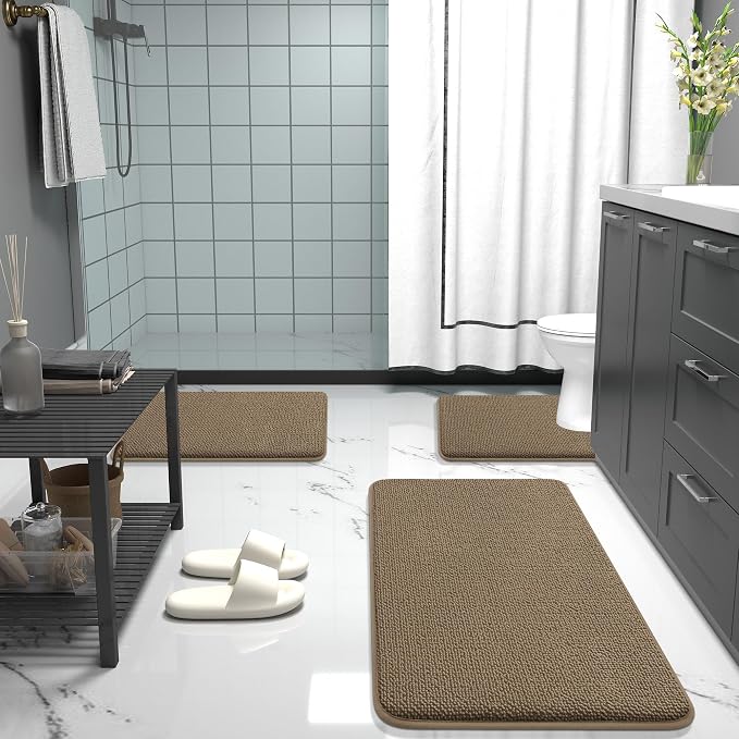 OLANLY Thick Memory Foam Bathroom Rugs 30x20, Soft Absorbent Bath Mat, Tan | Quick Dry Bath Rugs, Non-Slip Carpet, Machine Washable Mats for Bathroom Floor, Tub and Shower, Home Decor Accessories