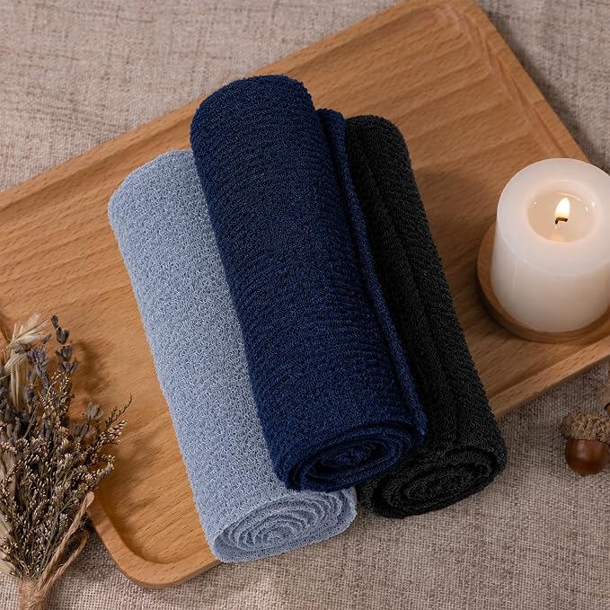 Exfoliating Washcloth Towel- Exfoliating Body Scrubber Exfoliator, Back Scrubber for Shower Bath, Exfoliate Rags Wash Cloths, Loofah Lufa Sponge, Silver Grey + Black + Deep Indigo
