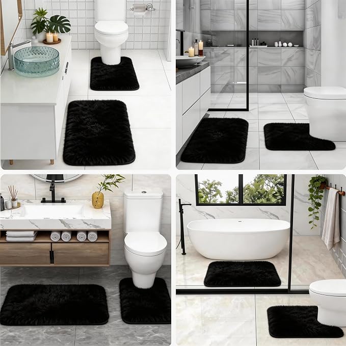 Bathroom Rugs Set Plush Velvet Bath Rugs Non-Slip Shaggy Bath Mat Set 3 Piece,Washable Mats,Absorbent Shaggy Rugs Super Soft U-Shaped Toilet Rug,Bahroom Carpets for Bathroom,Tub,Shower Black