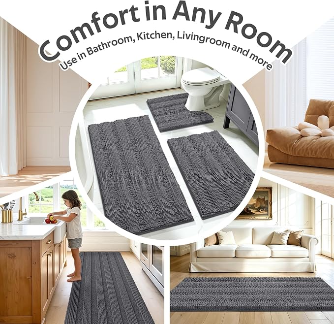 Striped Grey Bathroom Rug Mat Set 2 piece 32"x20"+24"x17" Ultra Soft, Non Slip Chenille Bath Rugs, Absorbent Plush Shaggy Bath Mats for Bathroom, Bedroom, Kitchen, Shower, Tub,Dark Gray, Charcoal