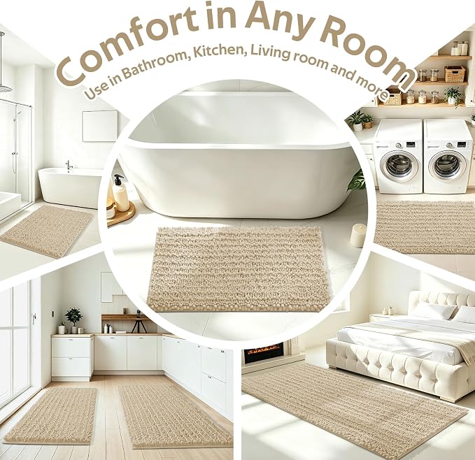 ACCUMTEK Upgrade Luxury 2 Piece Beige Toilet Bathroom Rug Mat 60"x20"+32"x20", Ultra Soft Thick Absorbent Bath Mats, Non Slip Chenille Toilet Mat for Bathroom, Bedroom, Kitchen, Shower, Tub