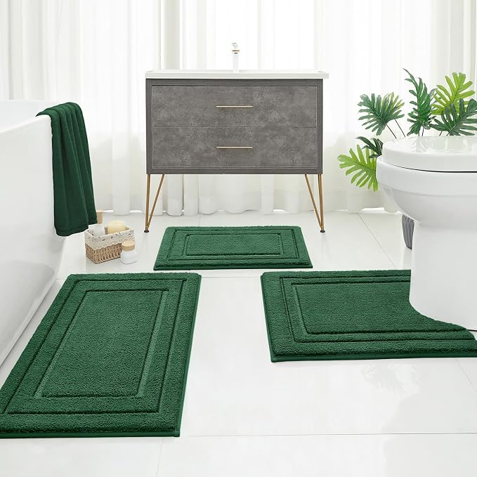 HOMEIDEAS Dark Green Bathroom Rugs Set of 3, Non Slip Bath Mats | Super Absorbent, Plush Microfiber, Machine Washable, Stain Resistant, Easy Care, Perfect for Modern Bathroom Decor