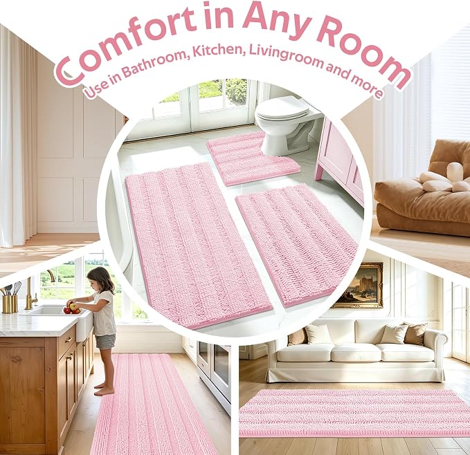 ACCUMTEK Christmas Striped Pink Bathroom Rug Mat Set 2 piece 32"x20"+24"x17" Ultra Soft, Non Slip Chenille Bath Rugs, Absorbent Plush Shaggy Bath Mats for Bathroom, Bedroom, Kitchen, Shower, Tub