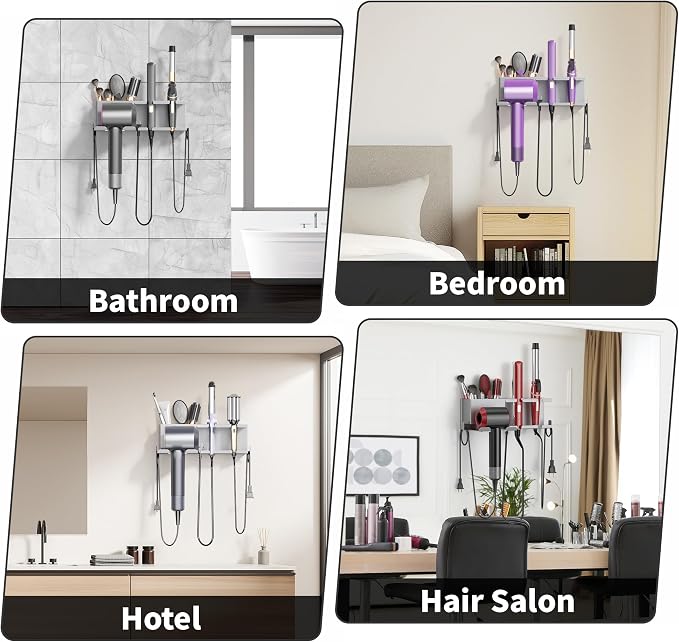 Hair Dryer Holder, Hair Tool Organizer, Blow Dryer Hanger Wall Mount for Dryer Hook, Bathroom Space-Saving Blow Dryer Organizer, Curling Irons Storage Wall Mounted (Gray)