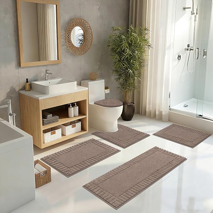 Pauwer Bathroom Rugs Set 5 Piece, Microfiber Bath Mat Set, Coffee | Non Slip Washable Bath Mat with U Shaped Toilet Rug, Plush Absorbent Shower Rug, Toilet Lid Cover, Quick Dry Floor Carpet
