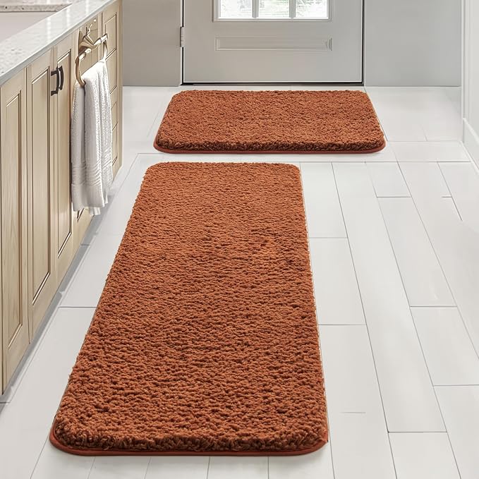 MIULEE Fall Burnt Orange Bathroom Rugs Set 2 Piece Bath Mats 16x24+16x48 | Soft Absorbent Microfiber Bath Rugs, Non Slip, Quick Dry, Fluffy Bath Rugs for Bathroom Floor Tub Showers, Machine Washable