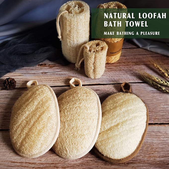 YIQINGJIE Natural Loofah Exfoliating Body Scrubber,4 Pack,Brown | Shower Loofah for Women and Men,Made with Eco-Friendly and Biodegradable Soft Shower Luffa Sponge