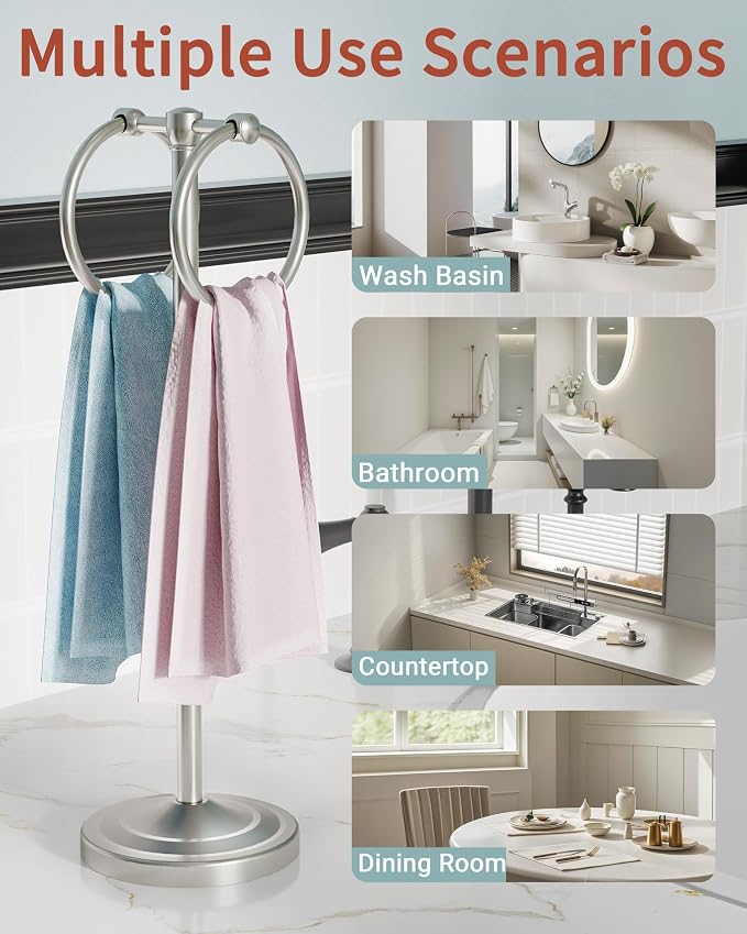 18" Hand Towel Holder Stand, Stainless Steel Free Standing Towel Rack Bar,Double Ring Towel Hanger with Weighted Base, Towel Hardware for Bathroom Vanity Kitchen Countertops(Nickel)