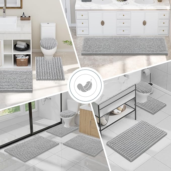 Smiry Bathroom Toilet Rugs U Shaped 24X20, Chenille Bath mats for Toilet | Light Grey Extra Soft Absorbent Non Slip Rubber Backing Contour Bath Rugs for Toilet, Machine Washable Contoured Bath Mats