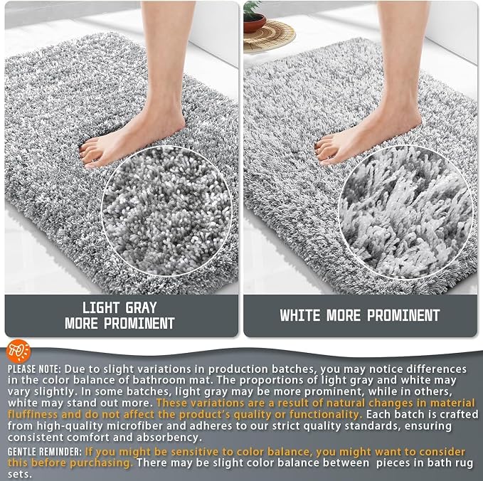 Yimobra Fluffy Bathroom Toilet Rug Set, 24x17+24x20, Light Gray and White | Soft Absorbent Microfiber Bath Mat Set, Non Slip, Machine Washable Quick Dry, Plush Shaggy Shower Rugs for Bathroom Floor