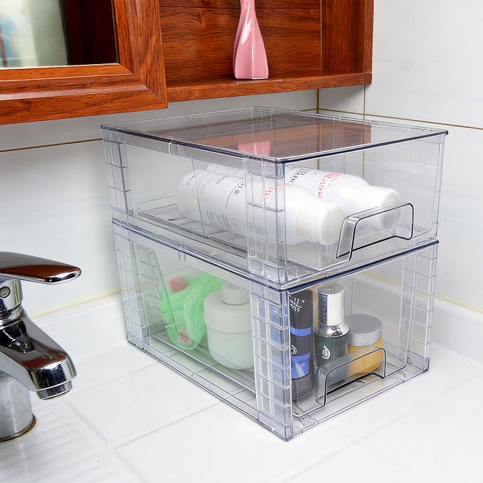 Medium Clear Stackable Storage Drawers (4 Pack), High-strength Acrylic Organizer Bins with Handles, Plastic Drawers for Fridge Bathroom Cabinet Closet Undersink Pantry Kitchen Makeup Storage