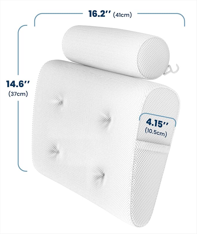 Everlasting Comfort Luxury Bath Pillow for Tub – Quick-Dry 4D Mesh – White | Head/Neck/Back Support, Non-Slip Suction Cups, Machine Washable, Drying Hook, Bath/Spa/Jacuzzi Essentials