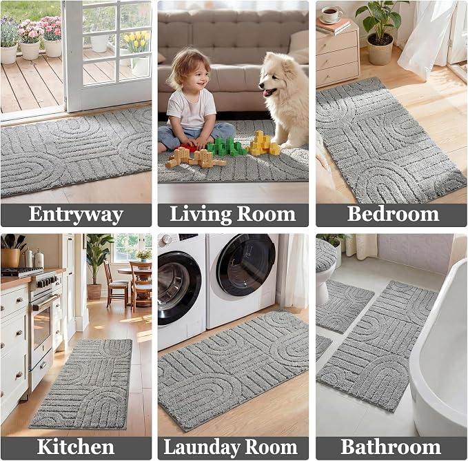 Homcomoda Bathroom Rugs Sets 5 Piece, Soft Absorbent Microfiber Bath Mats and U-Shaped Contour Toilet Rug, Non Slip Bath Rugs Machine Washable Shaggy Bath Room Floor Mats, Grey