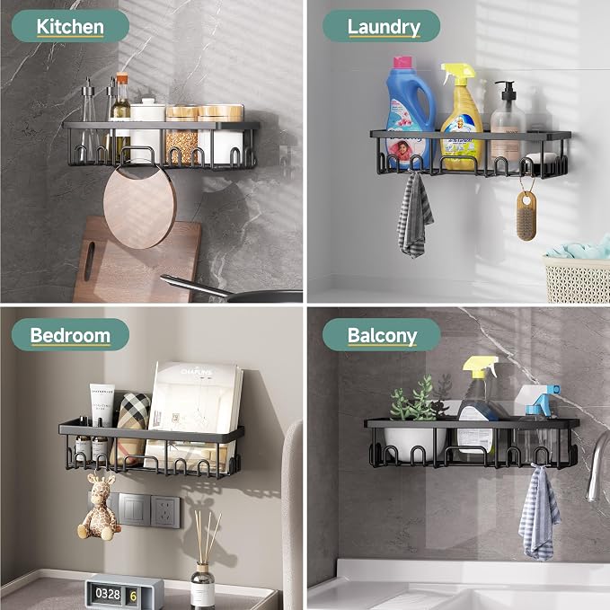 Veken Shower Caddy 6-Pack with Hooks, Bathroom Organizers & Storage, Black | Advanced Rustproof Design, Large Capacity, No Drilling, Adhesive Shelves Rack, Wall-Mounted Kitchen & Home Decor