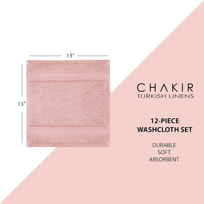 Chakir Turkish Linens 100% Cotton 12-Pack Washcloths 13x13, Pink | 100% cotton washcloths, 12-pack 13x13, OEKO-TEX certified, soft absorbent face towels