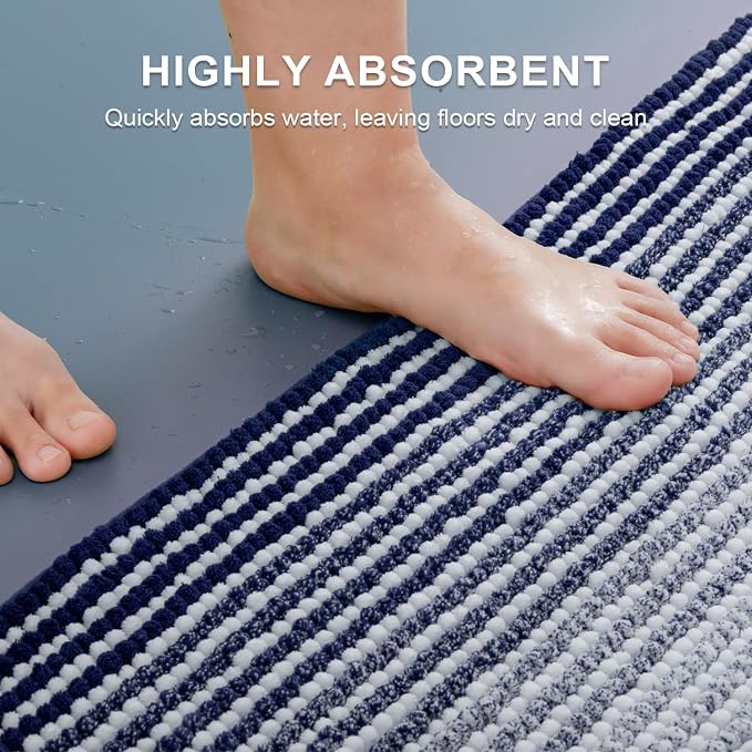 Bathroom Rugs Sets 2 Piece, 32"x20" + U-Shaped 24"x20", Navy Blue | Ultra Soft Absorbent, Chenille Contour Toilet Rug, Non Slip Striped, Quick Dry Machine Washable, Shower Rug for Bathroom