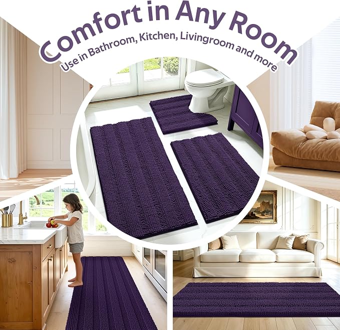 ACCUMTEK Striped Eggplant Purple Bathroom Rug Mat Set 2 piece 24"x17"+48"x20" Ultra Soft, Non Slip Chenille Bath Rugs, Absorbent Plush Shaggy Bath Mats for Bathroom, Bedroom, Kitchen, Shower, Tub