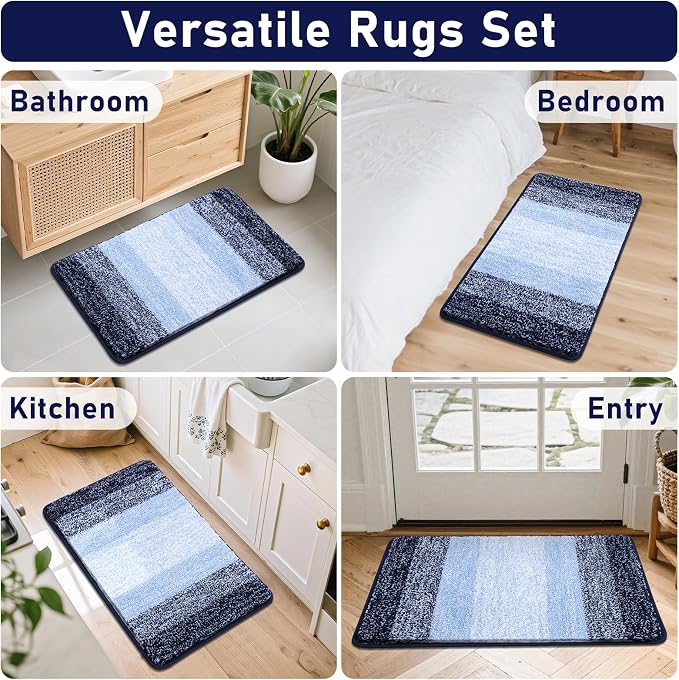 Bsmathom Bathroom Rug Set 4 Piece, Plush Microfiber Bath Mat, Navy Blue | Super Water Absorbent, Non Slip Machine Washable Bath Rug Sets with Toilet Lid Cover and U-shaped Contour Toilet Mat