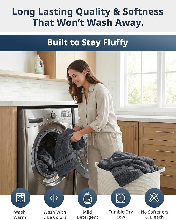 LANE LINEN Bath Towel Set 100% Cotton 4 Piece Soft Absorbent - Cool Grey | Shower Towels - Generously Sized, Oversized & Roomy, Lightweight & Breathable, Fade-Resistant Color, Classic Terry Weave