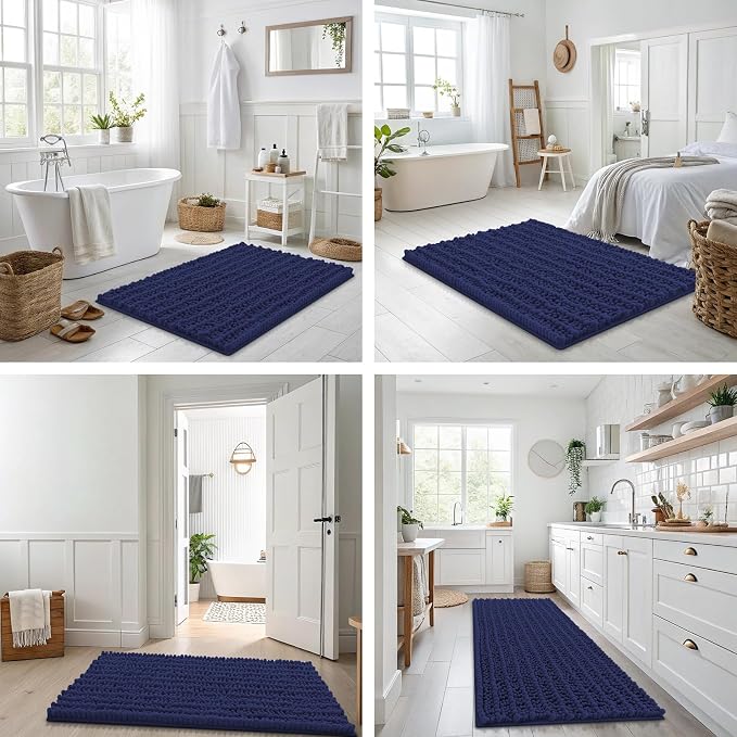 Smiry Bathroom Rugs 44X24, Extra Soft Rubber Backing Chenille Bath Mats | Deep Blue Machine Washable Non Slip Quick Dry Bath Mats for Bathroom Floor, Tub, Shower, Home Decor Accessories