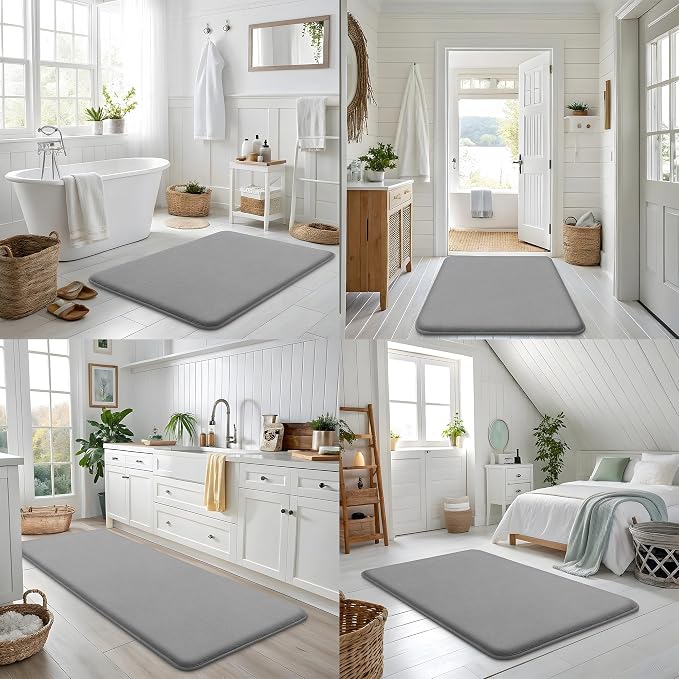 Smiry Memory Foam Bath Mat 47x17, Extra Soft and Absorbent Bathroom Rugs | Grey, Quick Dry Machine Washable Non-Slip Bath Mat for Bathroom Floor, Shower and Tub