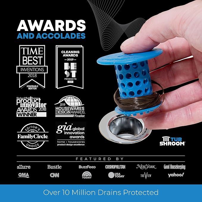 TubShroom Bathtub Drain Hair Catcher – In-Drain Tub Strainer & Clog Prevention Protector, Fits Standard 1.4”–1.75” Tub Drains, Easy Clean, Captures Human & Pet Hair out of Sight (Blue)