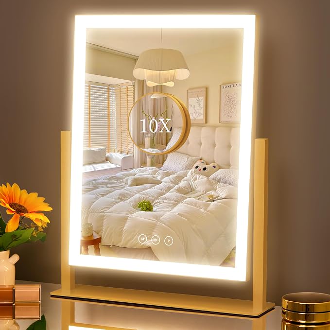 Kotdning Vanity Mirror with Lights, 16.7"×13.2" LED Makeup Mirror, Lighted Makeup Mirror with Lights, Smart Touch Control Dimmable 3 Modes Light, Lighted Up Mirror for Bedroom & Dorm, Gold