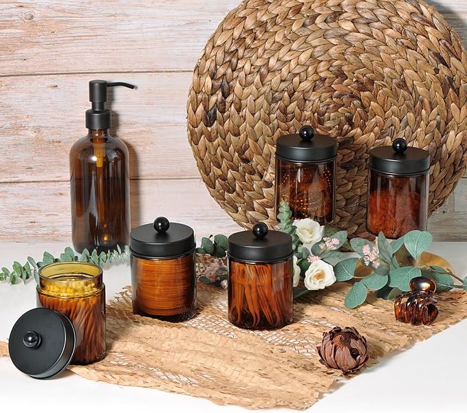 Amolliar Amber Glass Apothecary Jars Qtip Holder w/Metal Lids,Black 4pc | for Bathroom Vanity Storage, Countertop, Farmhouse Style, Holds Cotton Swabs, Dental Floss, Makeup Sponges
