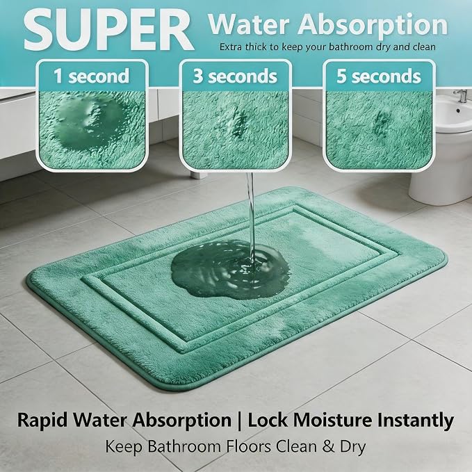 Bathroom Rugs Set 3 Piece Memory Foam, Bordered Toilet Rug, Non-Slip Teal | Coastal & Boho Decor — Rich Teal bath mats, absorbent and washable, with a U-shaped toilet mat.