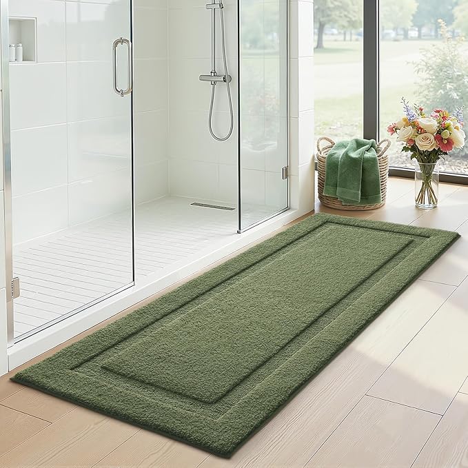 LUMI Ultra Soft Bathroom Runner Rugs, Non Slip Bath Mat 24x60, Green | Machine Washable with Rubber Backing, Quick Dry, Premium Microfiber Carpet for Shower Floor
