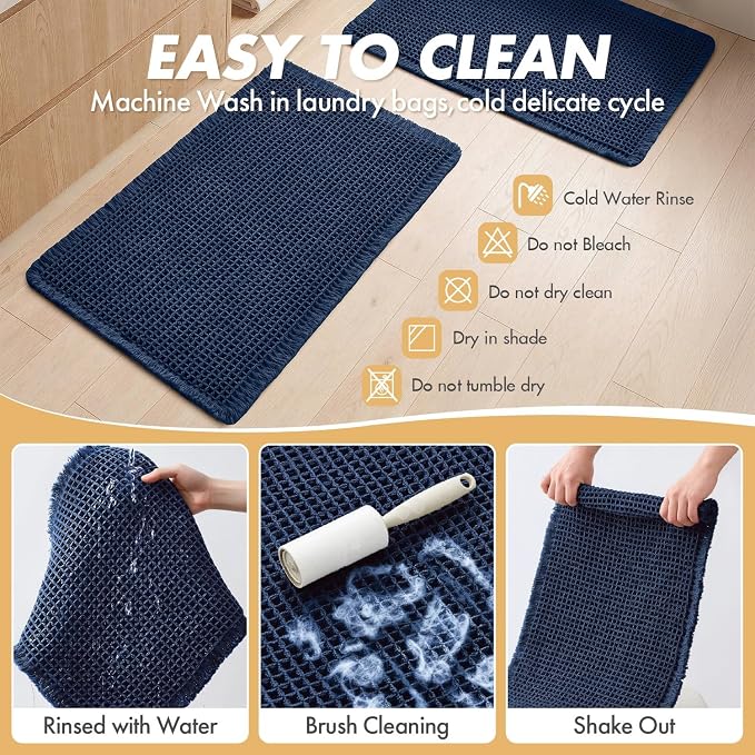MIULEE Set of 2 Waffle Bathroom Rugs Boho Bath Mat Navy Blue 17x24 Inch | Non Slip, Super Absorbent, Washable, Ultra Soft, Rubber Backed, Small Bath Rugs for Bathroom Floor Tub Shower