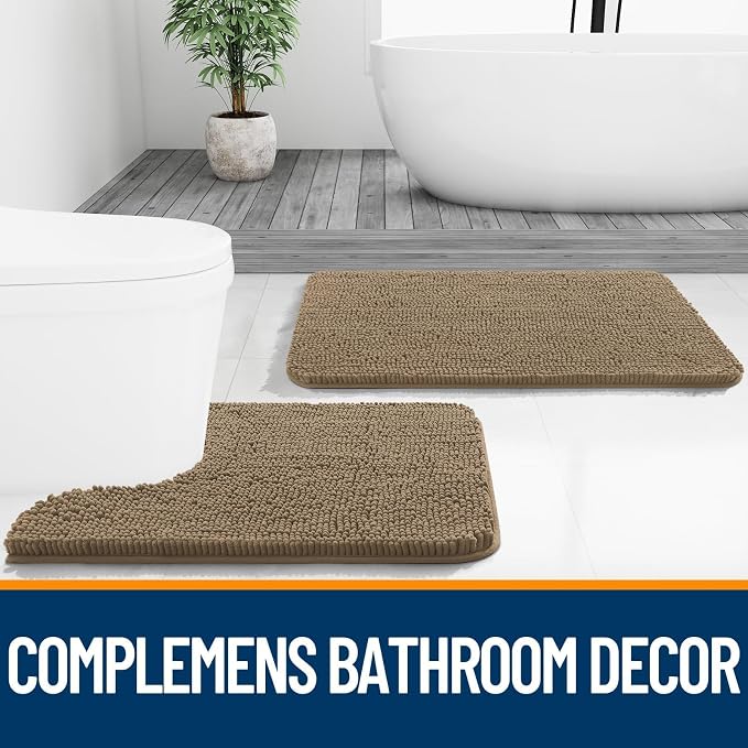 OLANLY Chenille Bathroom Rugs Mats Sets 2 Piece, 36"x24"+30"x20", Tan | Ultra Soft Absorbent Bath Rugs Set, Rubber Backing Non-Slip, Quick Dry, Machine Washable Bath Carpet, Home Decor Accessories