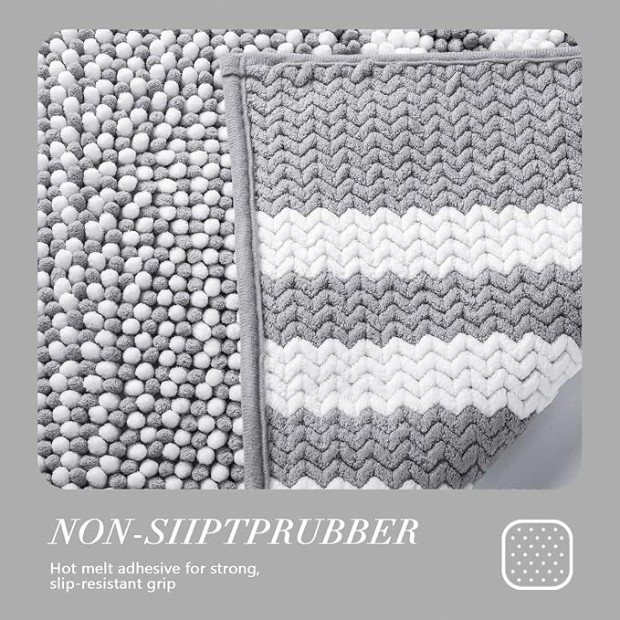 BSICPRO Bathroom Rugs Sets 2 Piece, Non Slip Striped Bath Mats, Light Grey | 20"x32" Plus 16"x24",Soft Absorbent Chenille, Quick Dry Machine Washable, Shower Rug for Bathroom Floor, Tub, Bedroom Decor