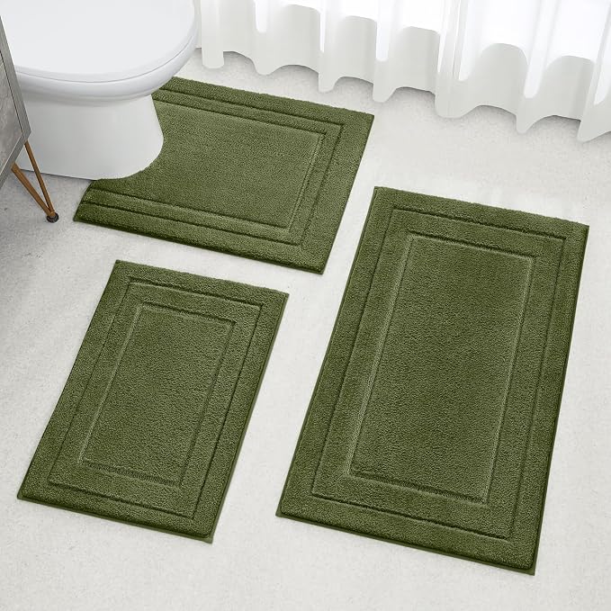 HOMEIDEAS Olive Green Bathroom Rugs Set of 3, Non Slip Bath Mats | Super Absorbent, Plush Microfiber, Machine Washable, Stain Resistant, Easy Care, Perfect for Modern Bathroom Decor