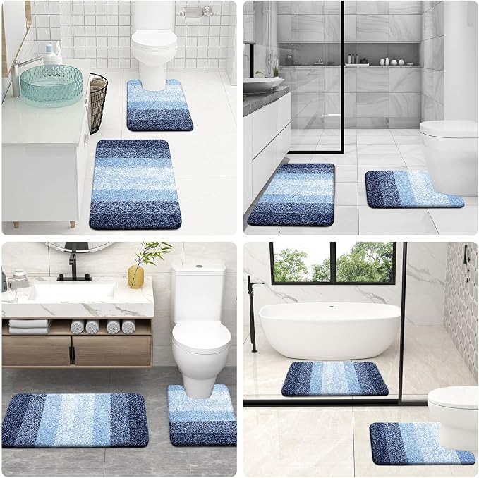 OLANLY Microfiber Bathroom Rugs Sets 3 Piece, 30"x20"+24"x16"+24"x20" | Navy, Soft Absorbent Bath Mats and U-Shaped Contour Toilet Rug, Machine Wash Dry, Plush Shaggy Bath Mat Set for Bathroom
