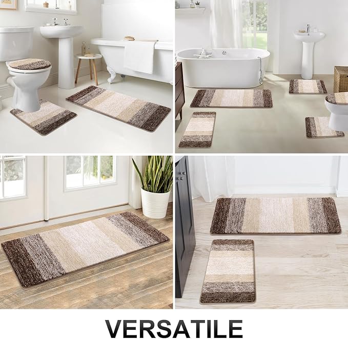 Bsmathom Bathroom Rug Set 5 Piece, Plush Microfiber Bath Mat, Dark Coffee | Extra Water Absorbent, Non Slip Washable Runner Bath Rugs with Toilet Lid Cover and U-shaped Contour Toilet Mat
