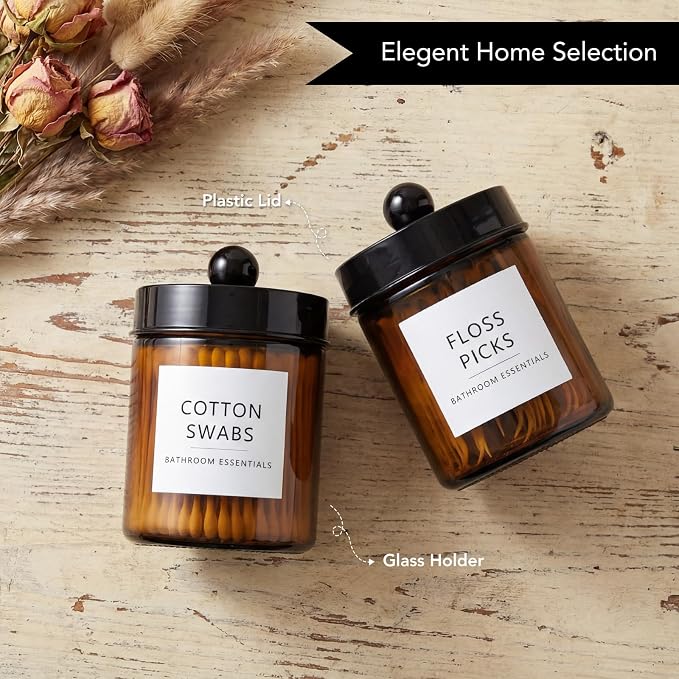 Amolliar Amber Glass Apothecary Jars Qtip Holder w/Plastic Lids,Black 2pc | for Bathroom Vanity Storage, Countertop, Farmhouse Style, Holds Cotton Swabs, Dental Floss, Makeup Sponges