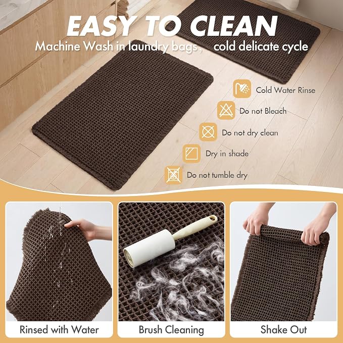 MIULEE Set of 2 Waffle Bathroom Rugs Chocolate Bath Mat 17"x24"+17"x48" | Non Slip, Super Absorbent, Washable, Ultra Soft, Rubber Backed, Small Boho Bath Rug and Bathroom Runner for Floor Tub Shower