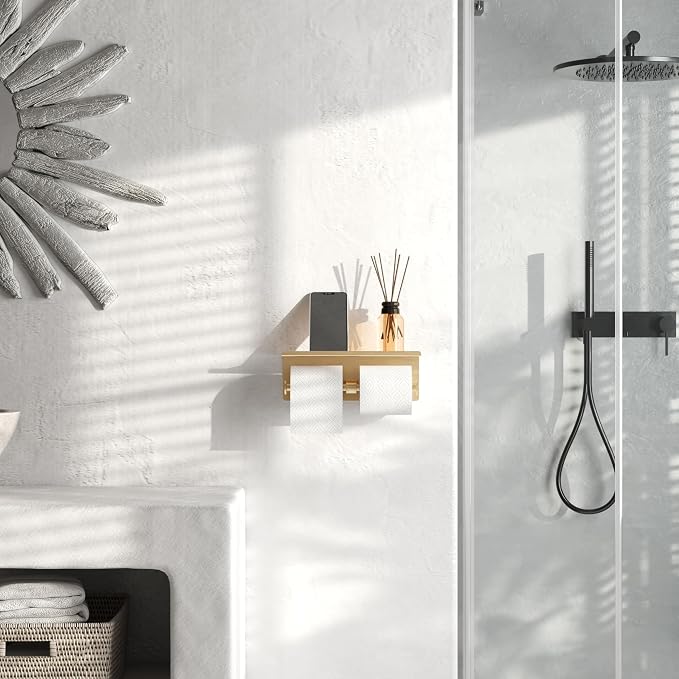 Brushed Gold Toilet Paper Roll Holder with Shelf Wall Mounted for Bathroom (Brushed Gold, Double Head)