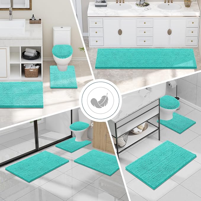 Smiry Chenille Bathroom Rugs Sets 2 Piece (30x20+24x16, Turquoise) | Soft Absorbent Machine Washable Non Slip Shaggy Bath Rug Set for Tub, Shower, and Floor, Home Decor