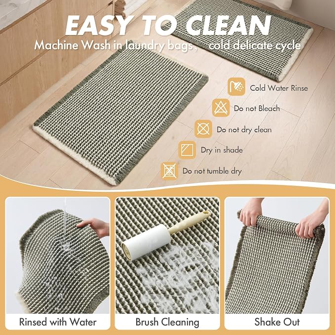 MIULEE Set of 2 Waffle Bathroom Rugs Boho Bath Mat Green&Cream 18x30 Inch | Non Slip, Super Absorbent, Washable, Ultra Soft, Rubber Backed Bath Rugs for Bathroom Floor Tub Shower