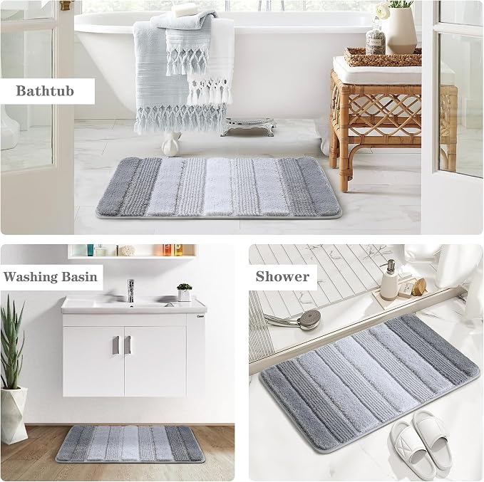 Kmson Ombre Chenille Bathroom Rugs, 20"x32" Non-Slip Bath Mat for Bathroom Floor & Bathtub, Ultra Soft Washable Shaggy Bath Rugs, Fluffy Thick Water Absorbent Microfiber Shower Mat Grey