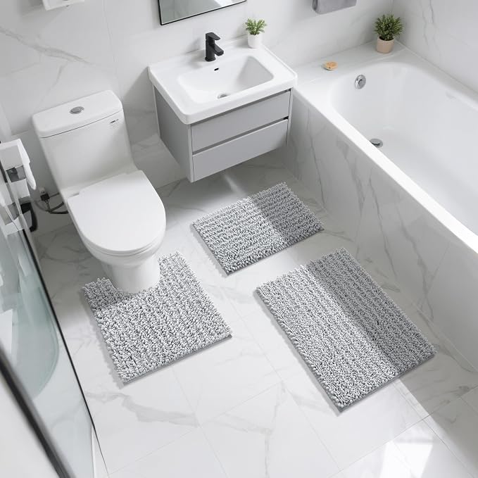 Yimobra Bathroom Rugs Sets 2 Piece - Quick Dry Extra Thick Luxury Chenille Bath Mat, Non Slip Super Absorbent for Tub Shower Sink, Machine Washable Shaggy Floor Mat, 32"x20"+24"x17" Inch, Silver