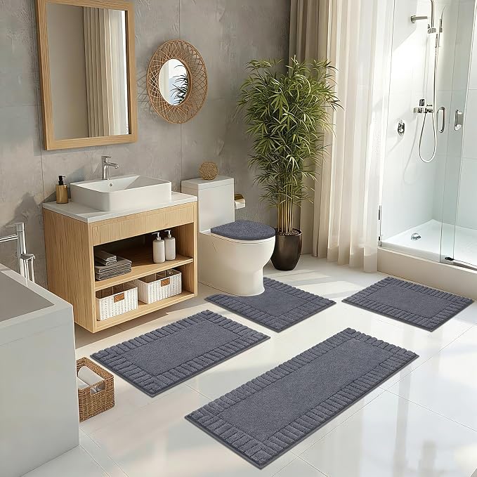 Pauwer Bathroom Rugs Set 5 Piece, Microfiber Bath Mat Set, Dark Grey | Non Slip Washable Bath Mat with U Shaped Toilet Rug, Plush Absorbent Shower Rug, Toilet Lid Cover, Quick Dry Floor Carpet