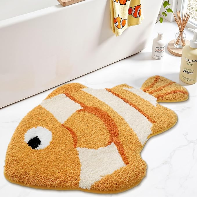 LUMI Cute Animal Bathroom Rugs, Plush Absorbent Bath Mats for Bathroom, Non-Slip Backing Washable Bath Mat, Ideal for Shower Sink Bathtub Room Decor, 24"x41", Clownfish