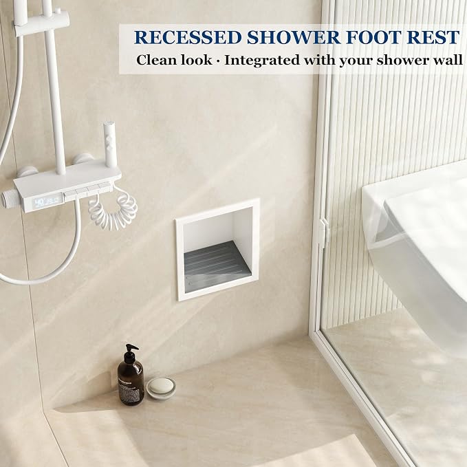 Neodrain Shower Foot Rest for Shaving Legs, 304 Stainless Steel Shower Niche, Recessed Shower Step for Shaving Legs,Niche for Shower Wall, Bathroom Foot Rest (White, 6.7" x 6")
