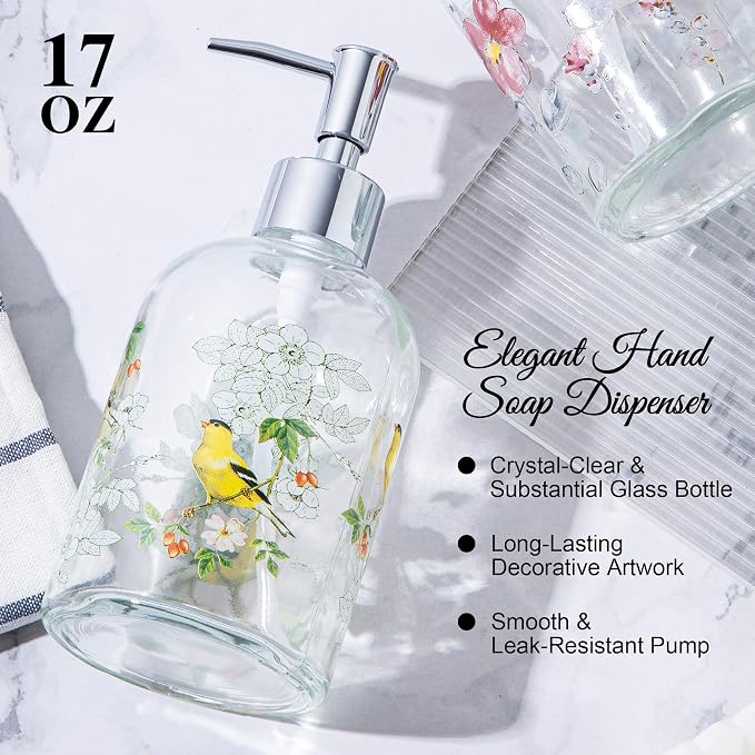 Topadorn Hand and Dish Soap Dispenser Set, 2 Pack 17oz Glass Soap Dispensers with Pump, Refillable Kitchen Soap Bottles, Floral & Goldfinch Decorative Bathroom Counter Decor